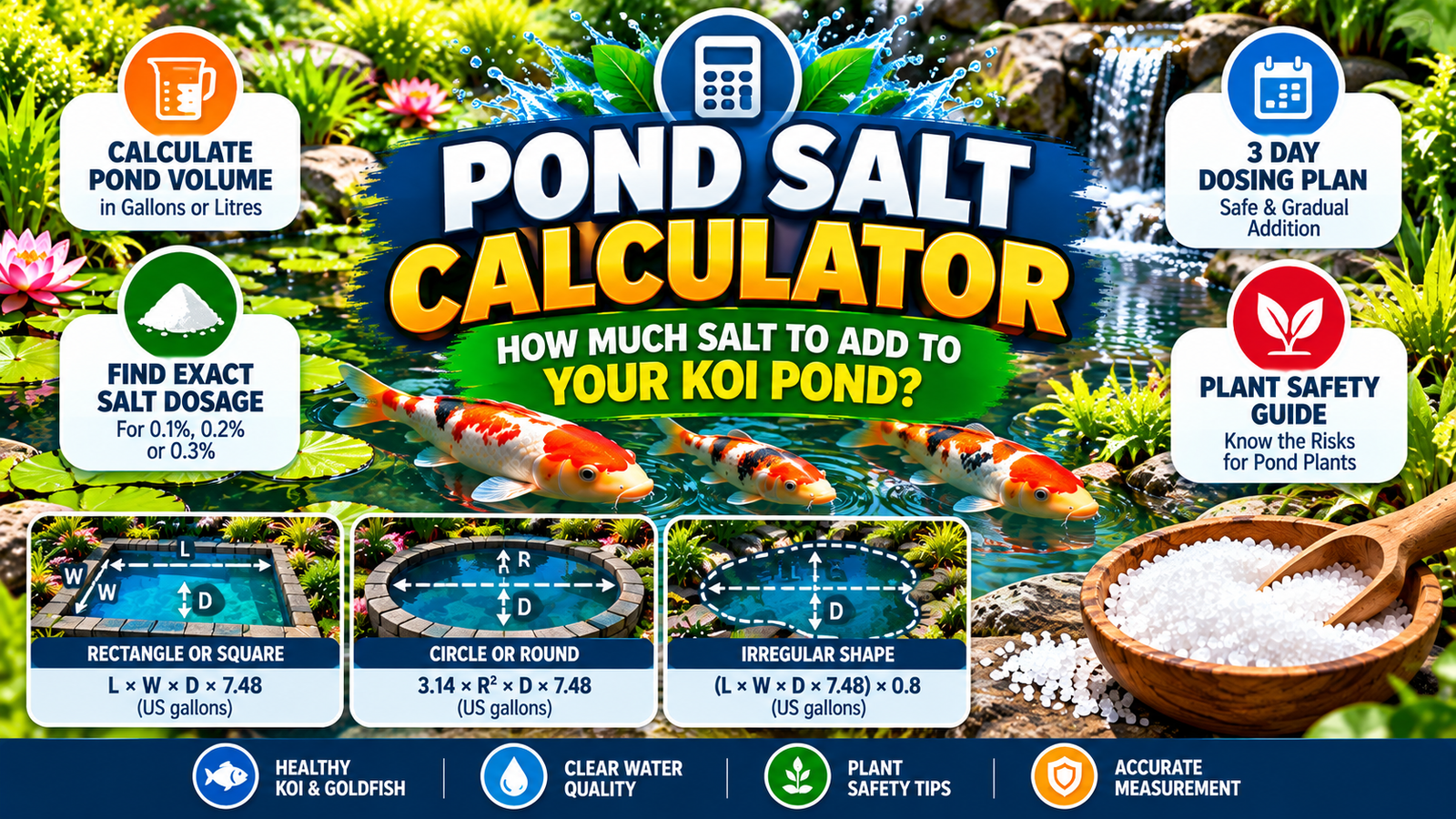 Landscape infographic showing a pond salt calculator, koi fish, salt dosage guidance, pond volume formulas, and plant safety.