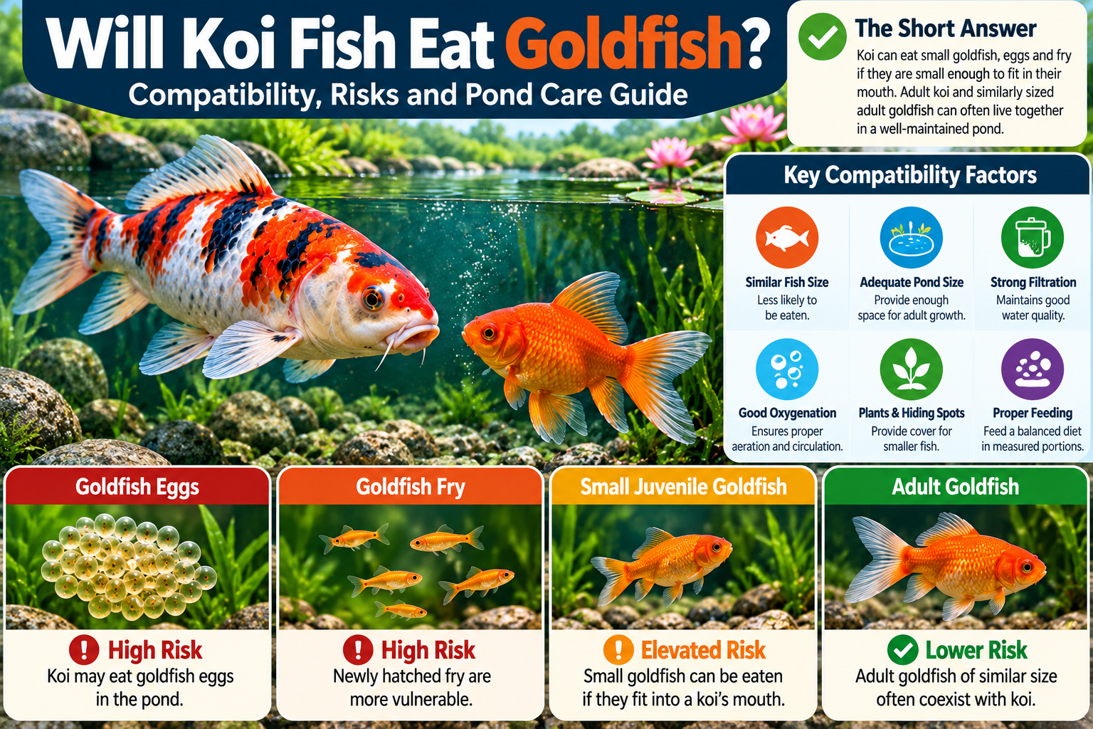 Will koi fish eat goldfish featured infographic showing a koi and goldfish together, with visual comparisons of predation risks for eggs, fry and small juveniles, plus pond setup, filtration, plants, hiding places and feeding.