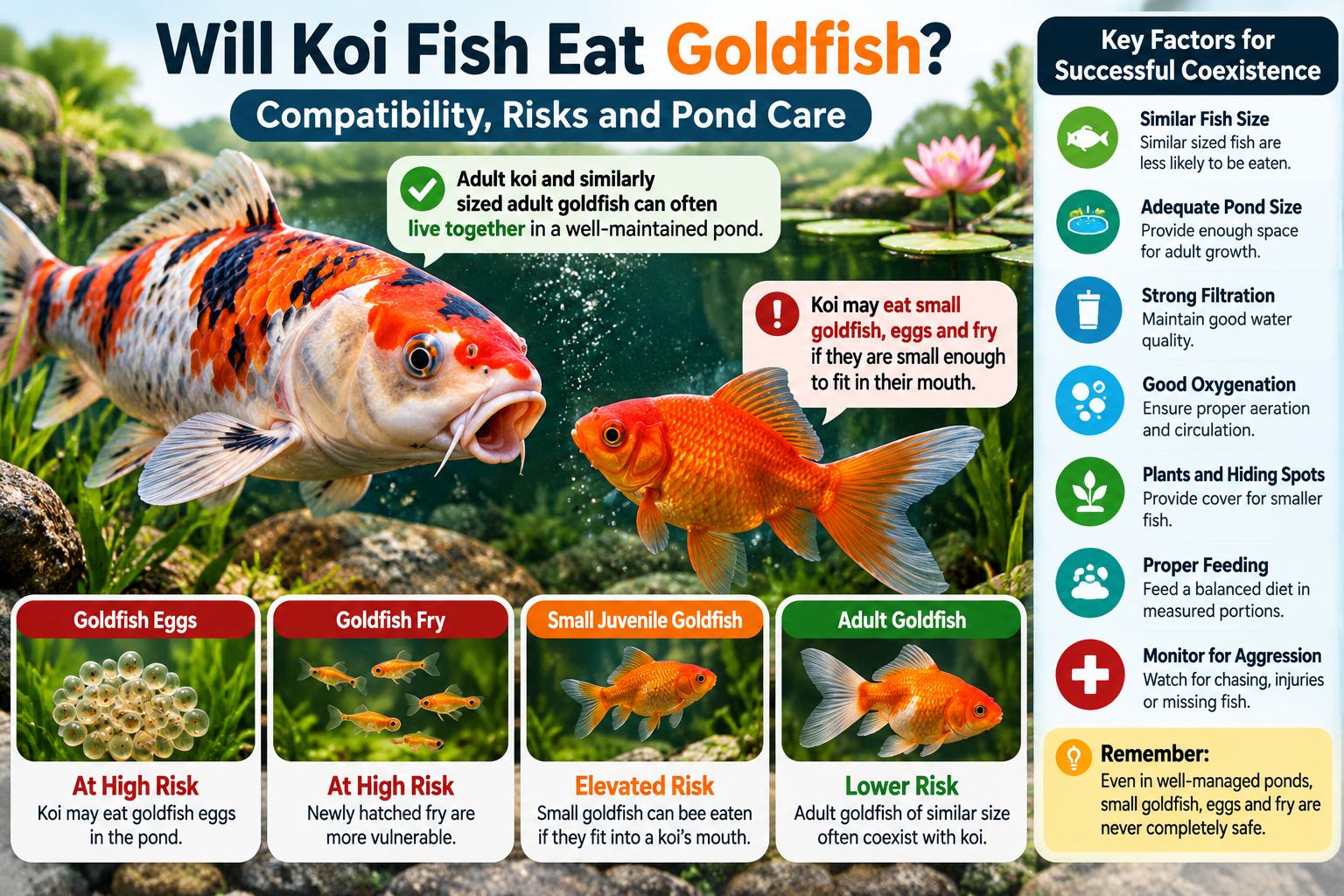 Koi and goldfish compatibility infographic showing predation risks for goldfish eggs, fry and small juveniles, alongside pond care factors including fish size, pond space, filtration, oxygenation, hiding places and proper feeding.