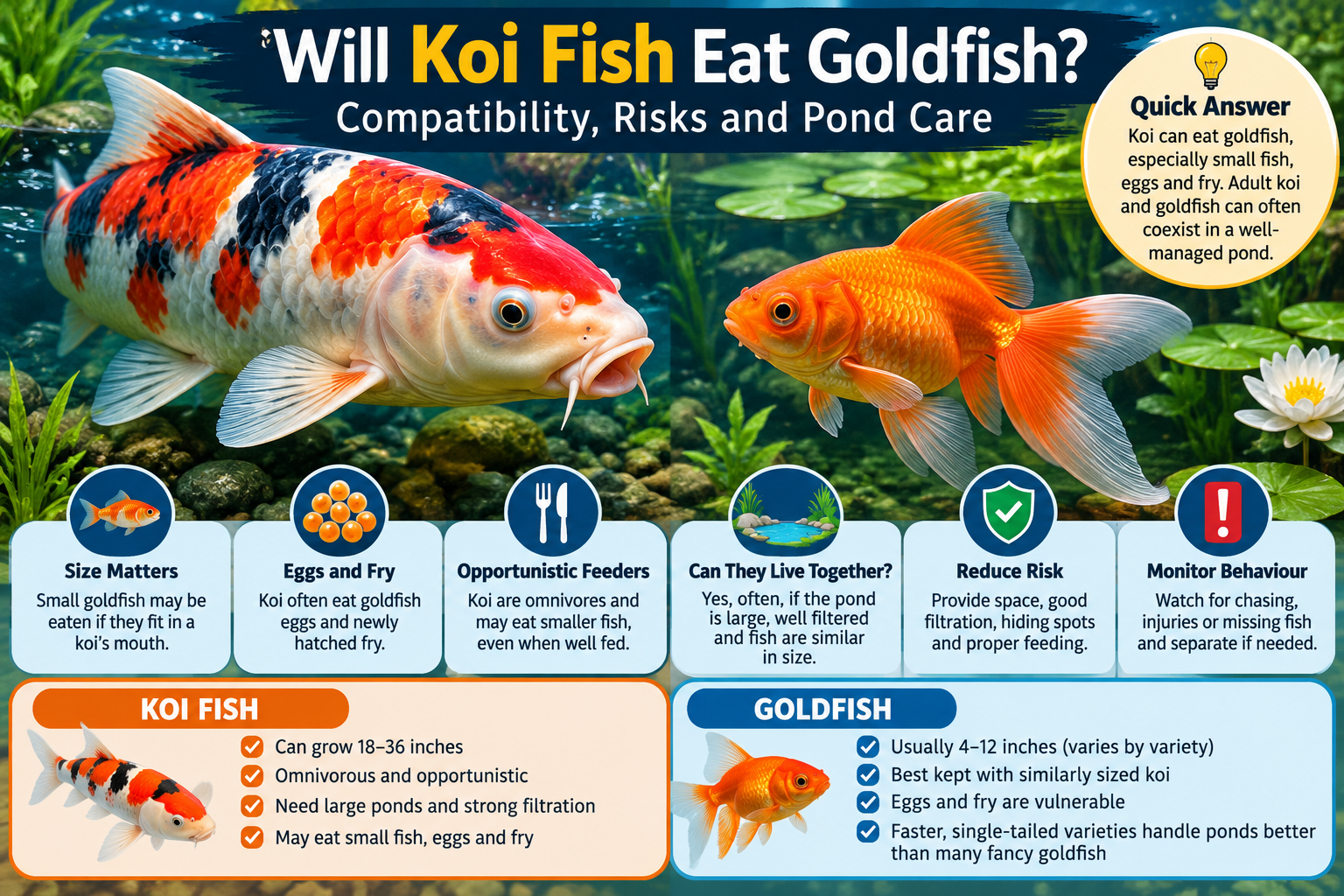 Will koi fish eat goldfish infographic showing koi and goldfish compatibility, predation risks for eggs and fry, fish size differences, pond filtration, oxygenation, feeding and safe coexistence.