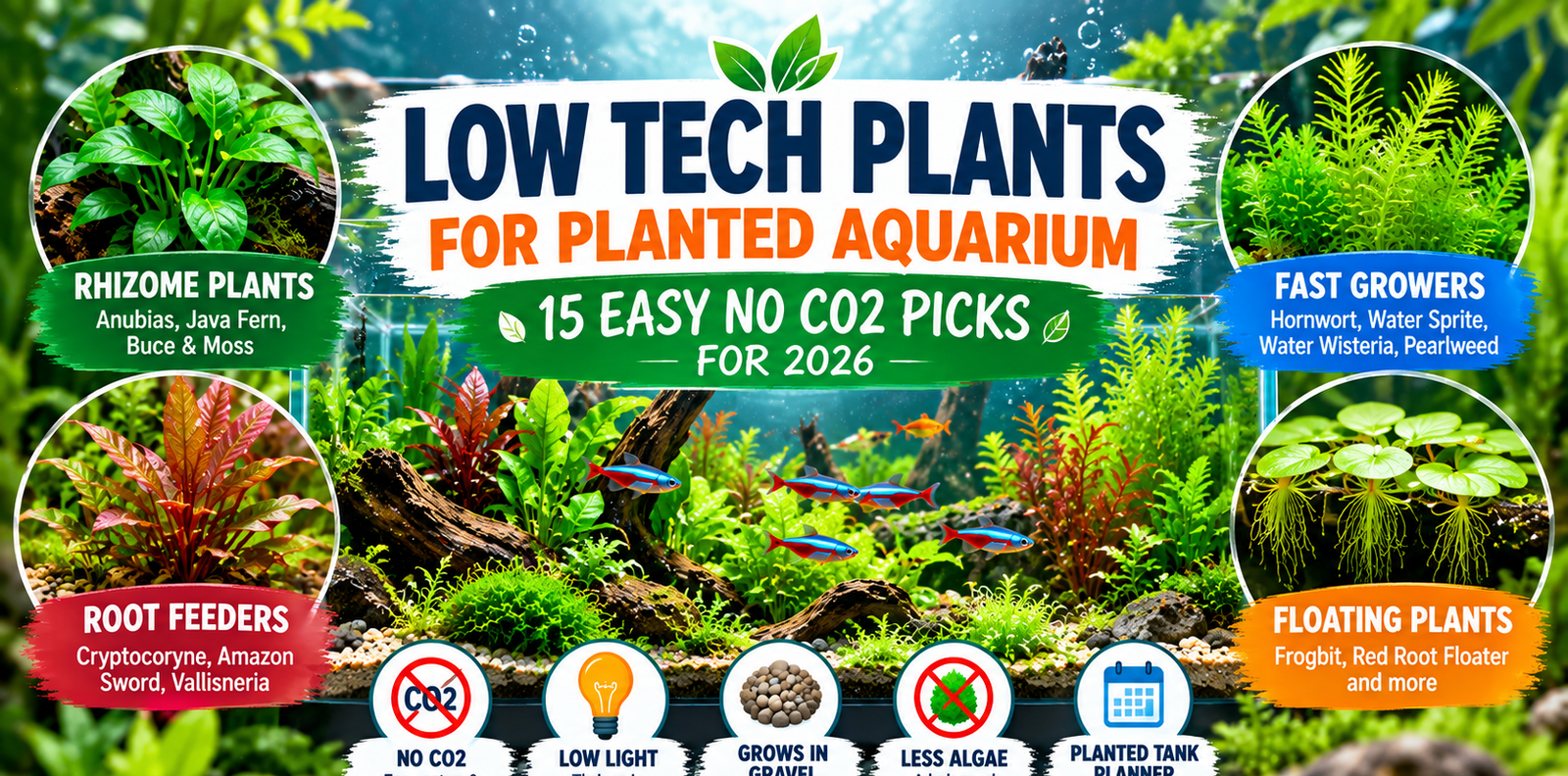 Featured infographic of low-tech plants for a planted aquarium, highlighting Anubias, Java fern, Bucephalandra, root-feeding plants, fast-growing stems, and floating plants that grow without injected CO2.