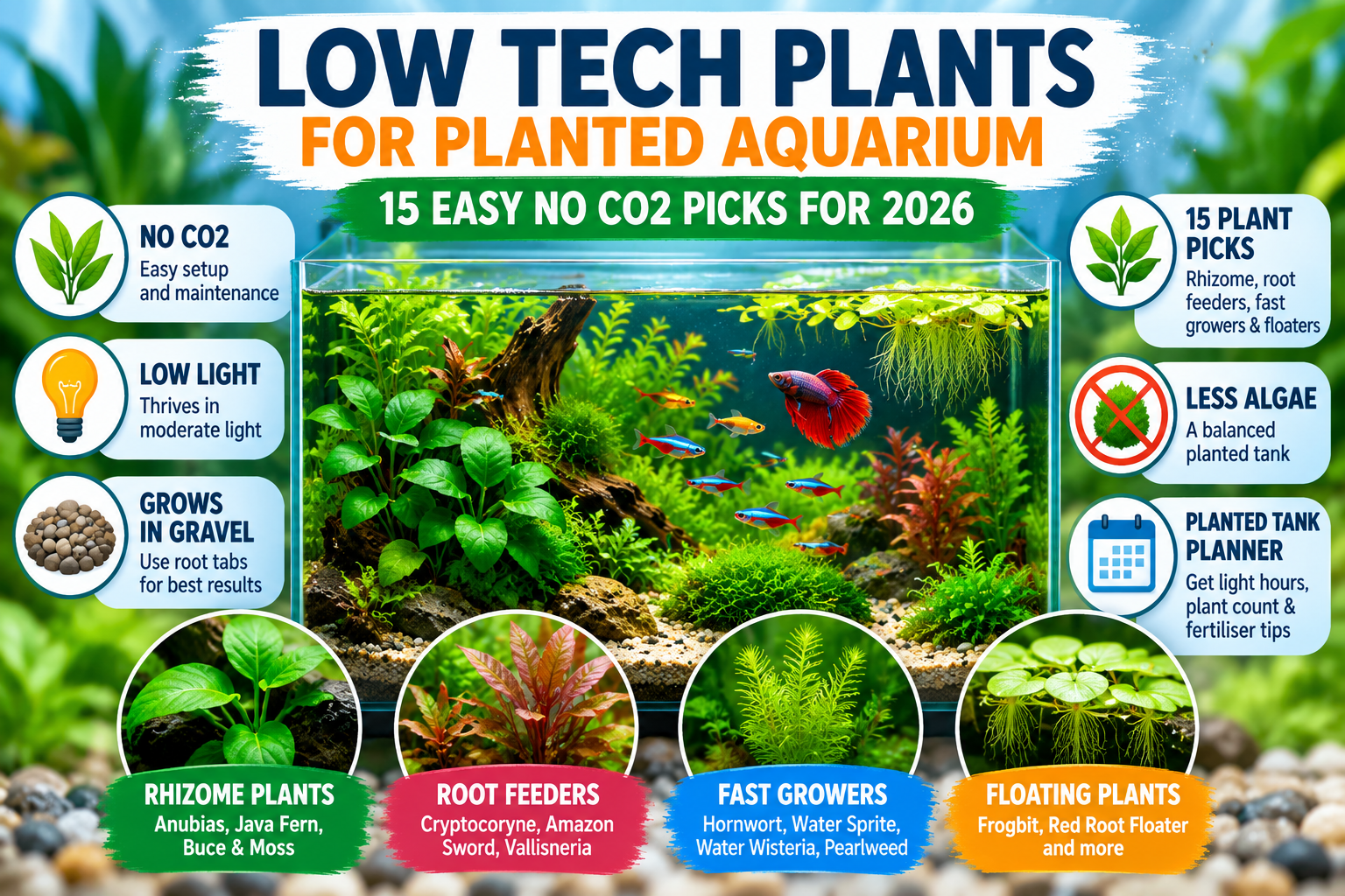 Infographic showing 15 easy low-tech aquarium plants that grow without CO2, including Anubias, Java fern, Bucephalandra, root-feeding plants, fast-growing stems and floating plants.