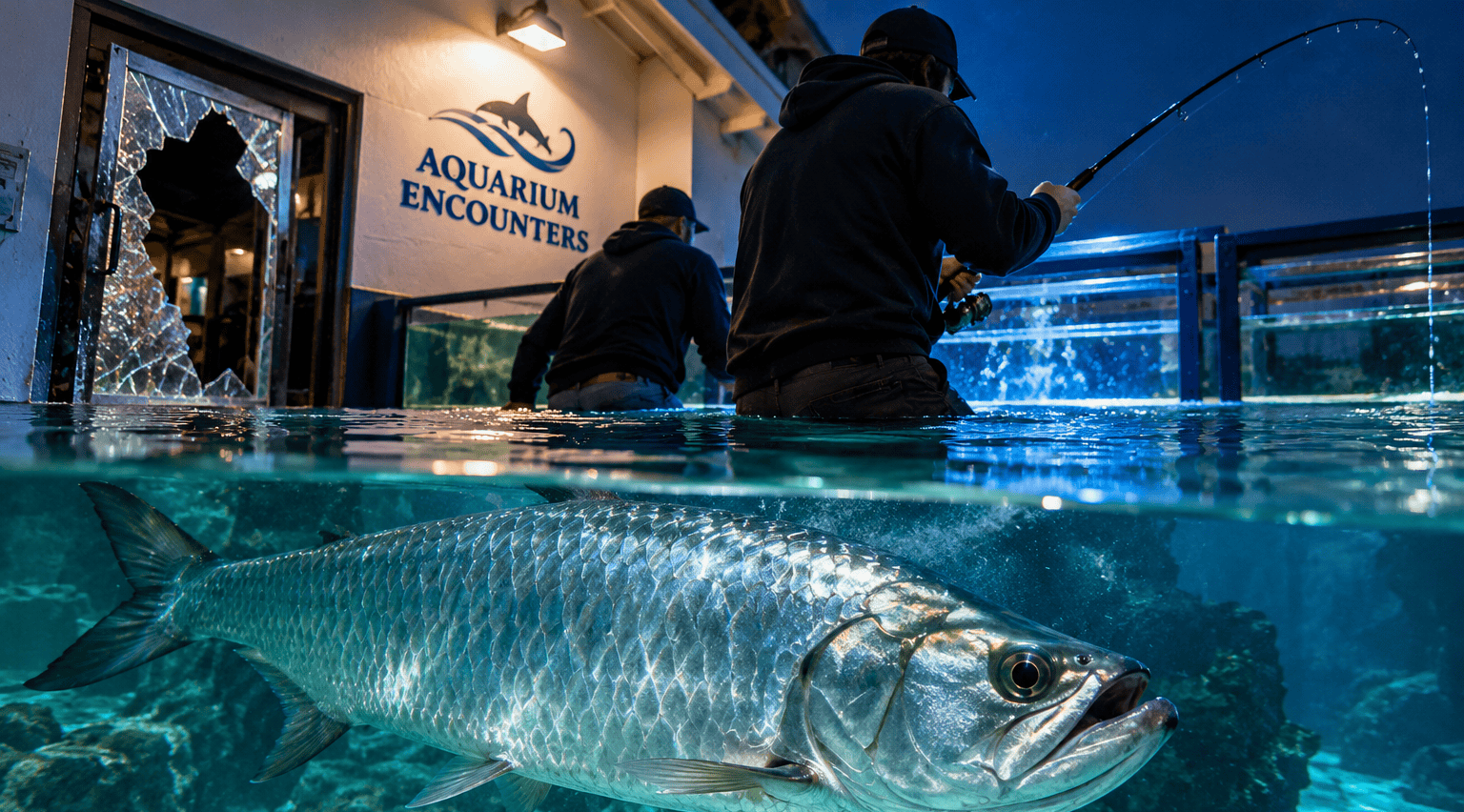 Large silver tarpon in an aquarium lagoon during a dramatized Florida aquarium break-in scene.