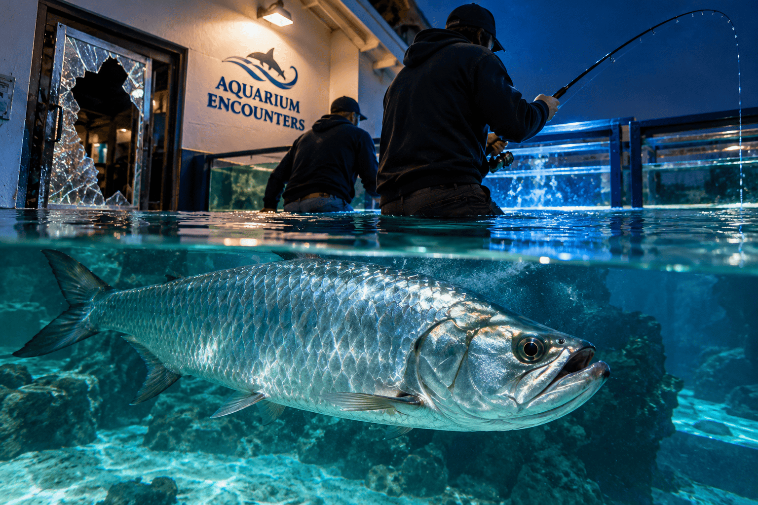 Large silver tarpon in an aquarium lagoon during a dramatized Florida aquarium break-in scene.