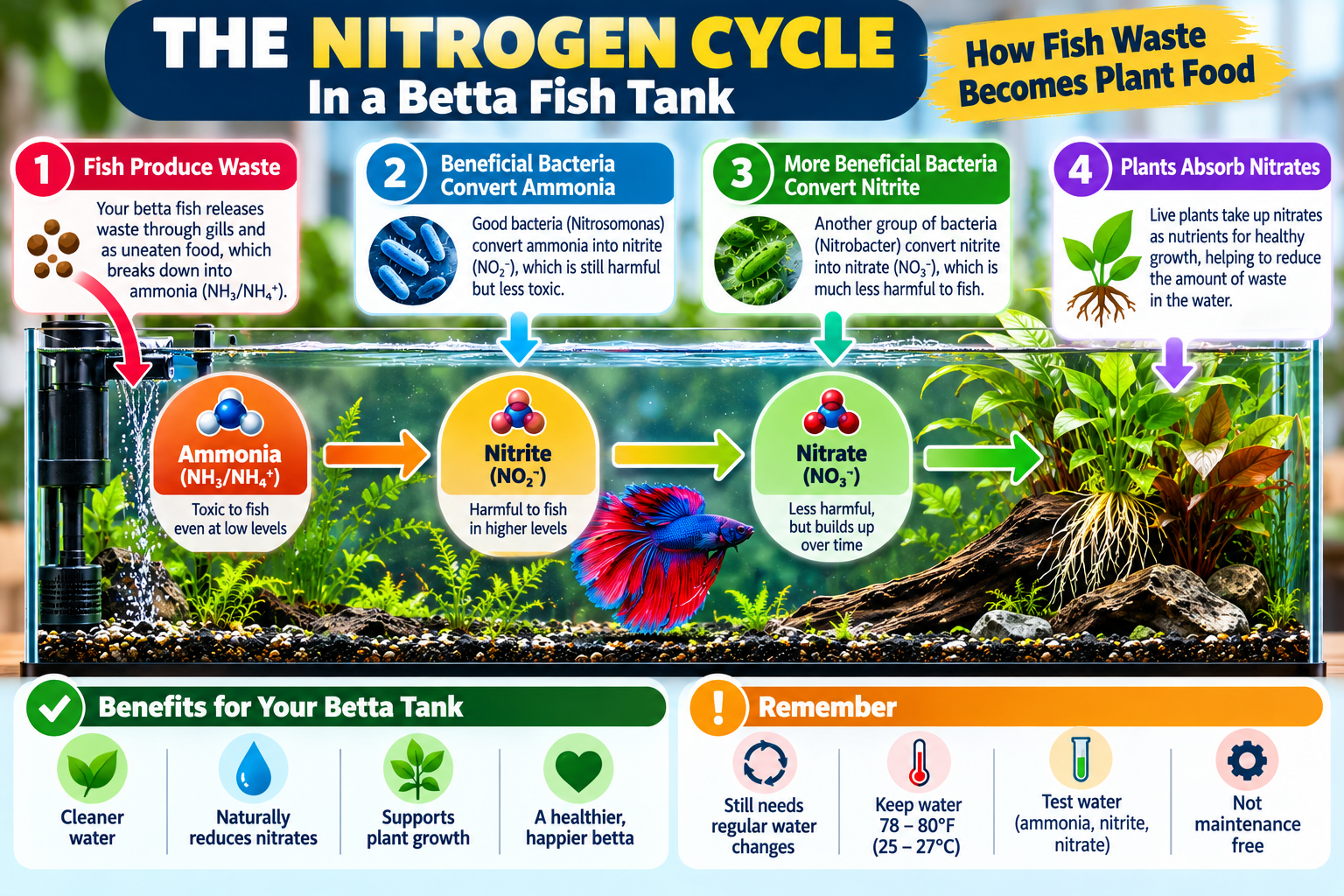 Nitrogen cycle infographic for a betta fish tank showing fish waste producing ammonia, beneficial bacteria converting ammonia into nitrite and nitrate, and live plants absorbing nitrates.