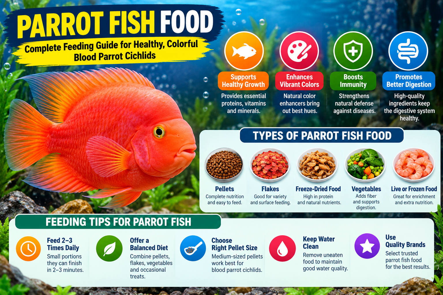 Parrot fish food infographic showing blood parrot cichlid food types, nutrition benefits, and feeding tips