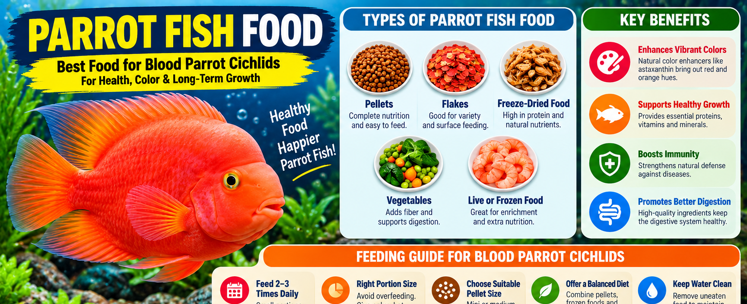 Parrot fish food infographic showing food types, feeding tips, nutrition benefits, and five popular blood parrot cichlid foods