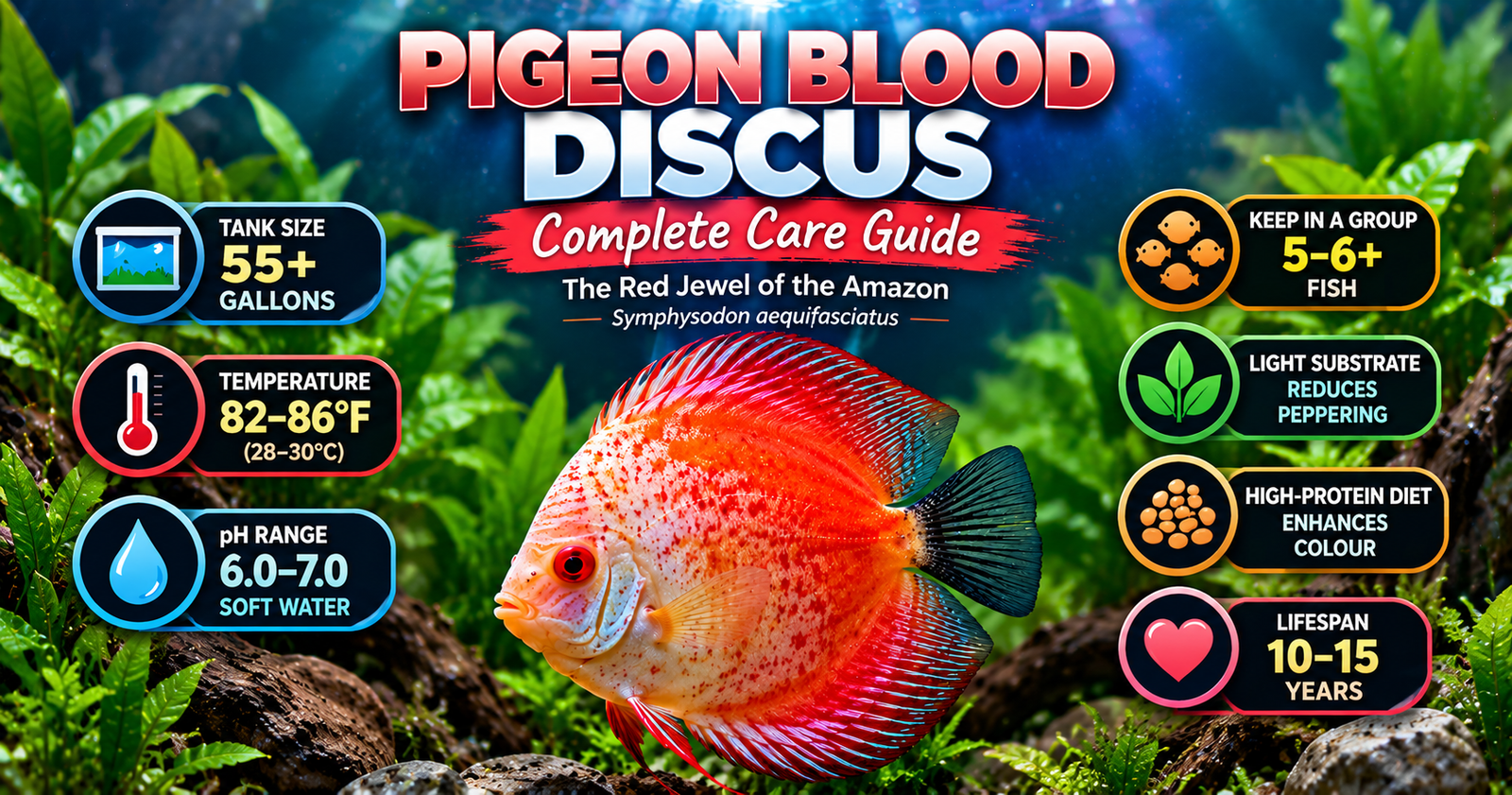 Pigeon Blood Discus featured infographic showing tank size, temperature, pH, group size, light substrate, diet and lifespan