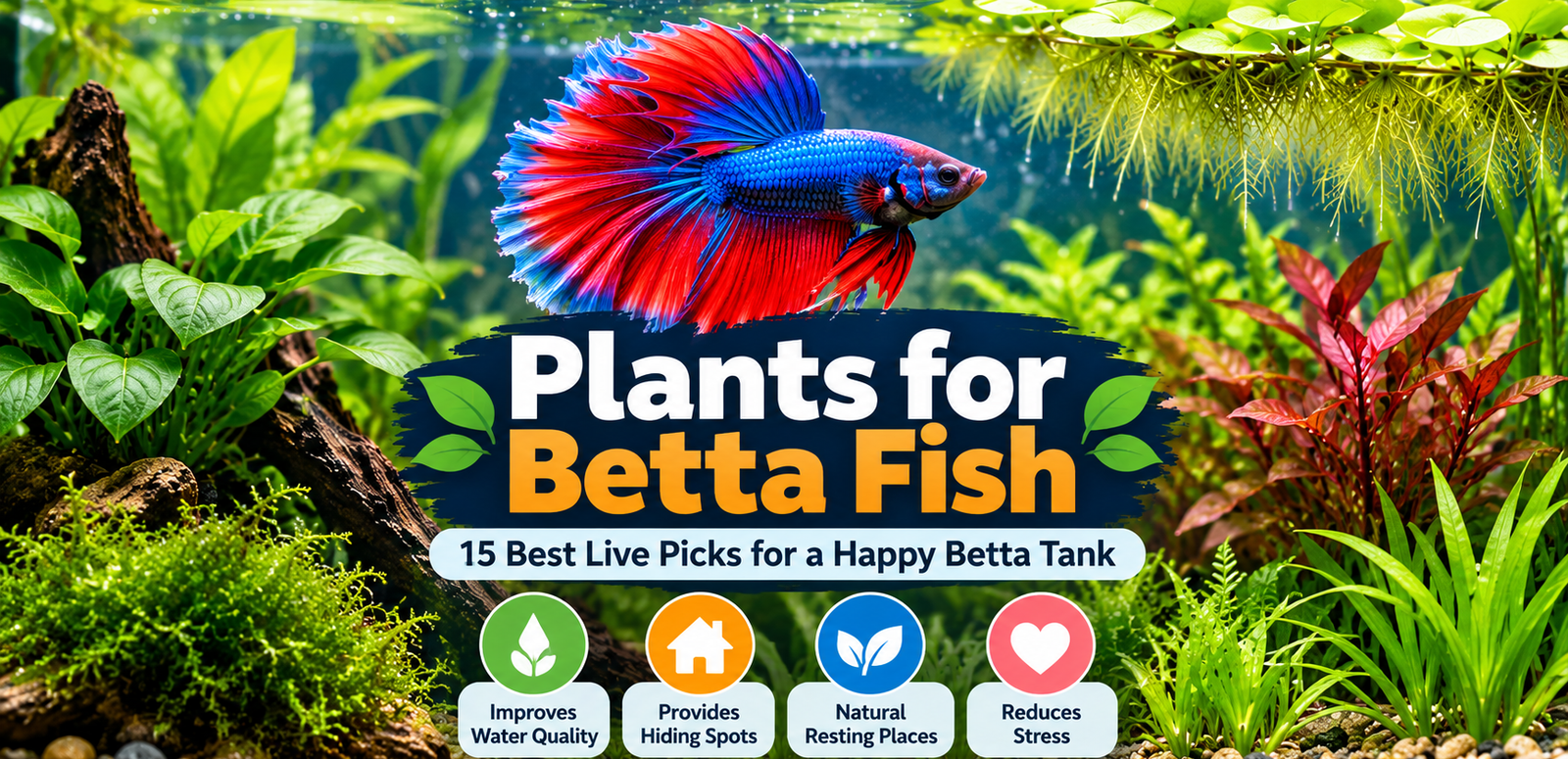 Betta fish swimming among lush live aquarium plants, featuring Anubias, Java fern, floating plants and natural greenery for a healthy planted betta tank.