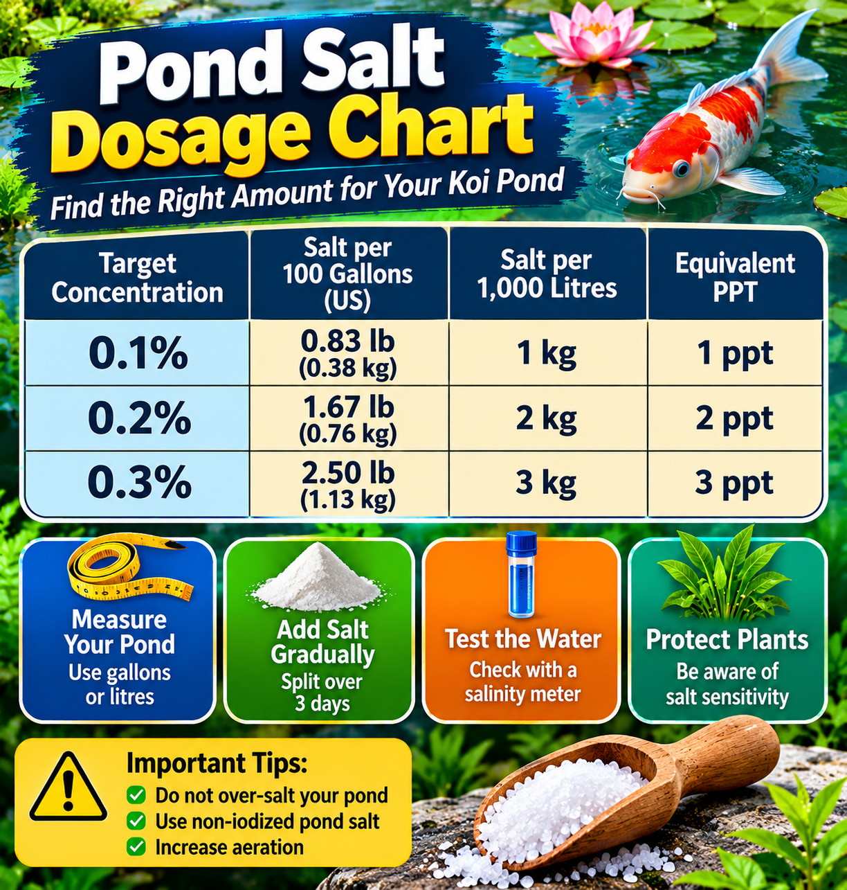 Pond salt dosage chart showing salt amounts for 0.1%, 0.2% and 0.3% concentrations, with dosing guidance and pond safety tips.