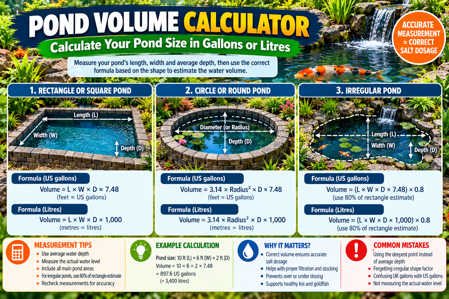 Pond volume calculator infographic showing formulas for rectangular, circular, and irregular ponds, with measurement tips and examples in US gallons and litres.