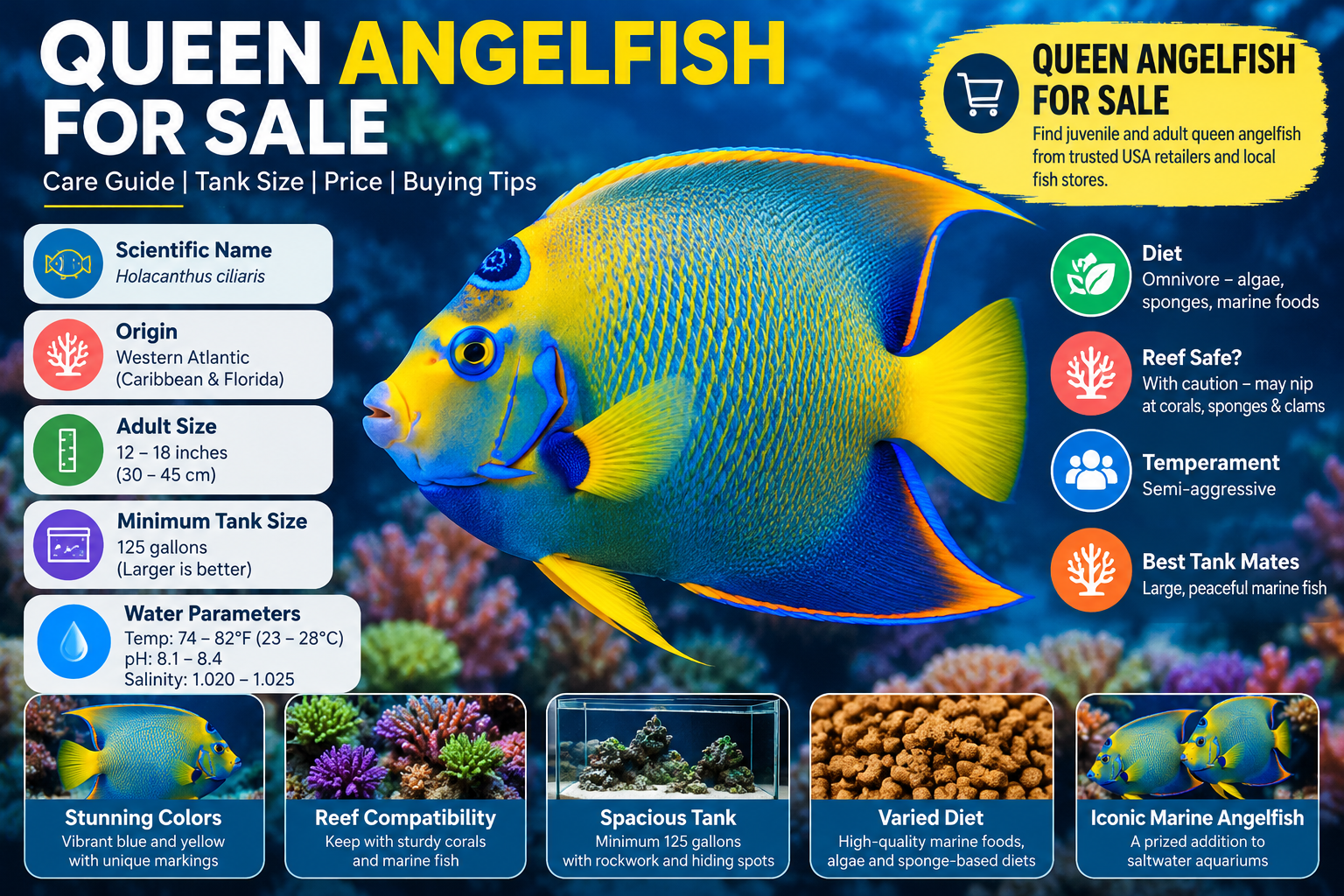 Queen angelfish (Holacanthus ciliaris) infographic showing its vibrant blue and yellow colours, adult size, minimum tank size, water parameters, diet, reef compatibility and care tips.