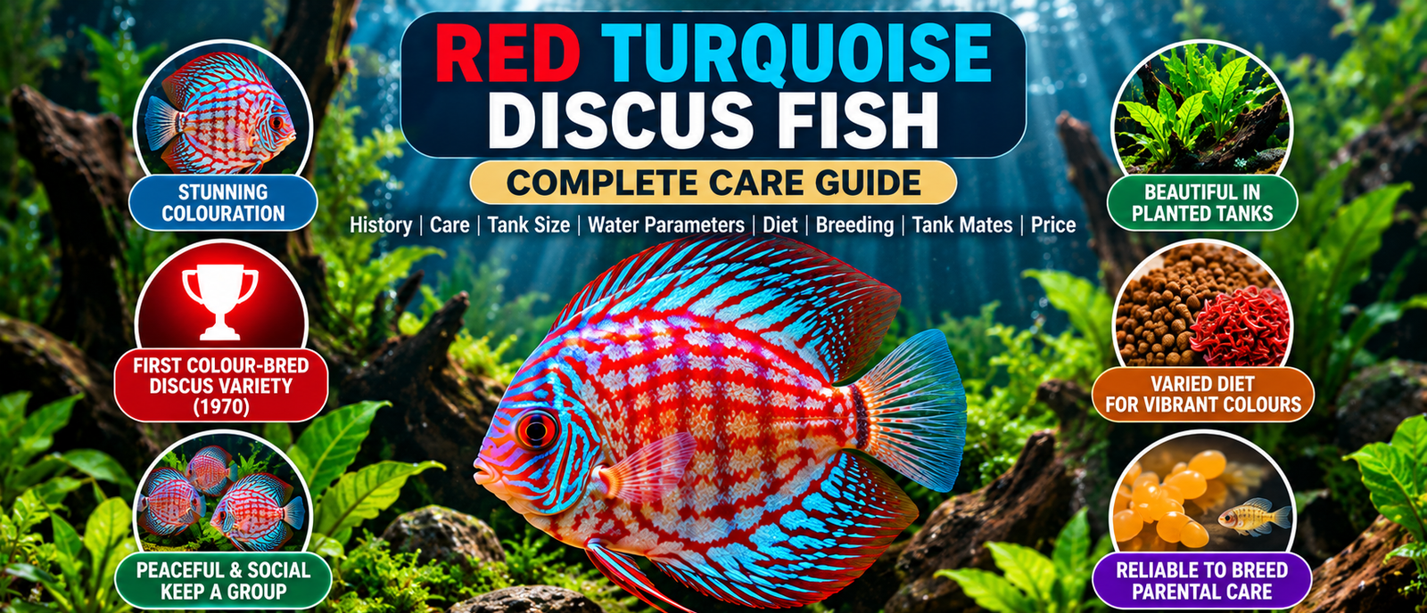 Red Turquoise Discus fish infographic featuring a vibrant red-and-turquoise discus in a planted aquarium, with care highlights covering coloration, history, social behaviour, planted tanks, diet, breeding, tank size, water temperature, pH, group size, and lifespan.
