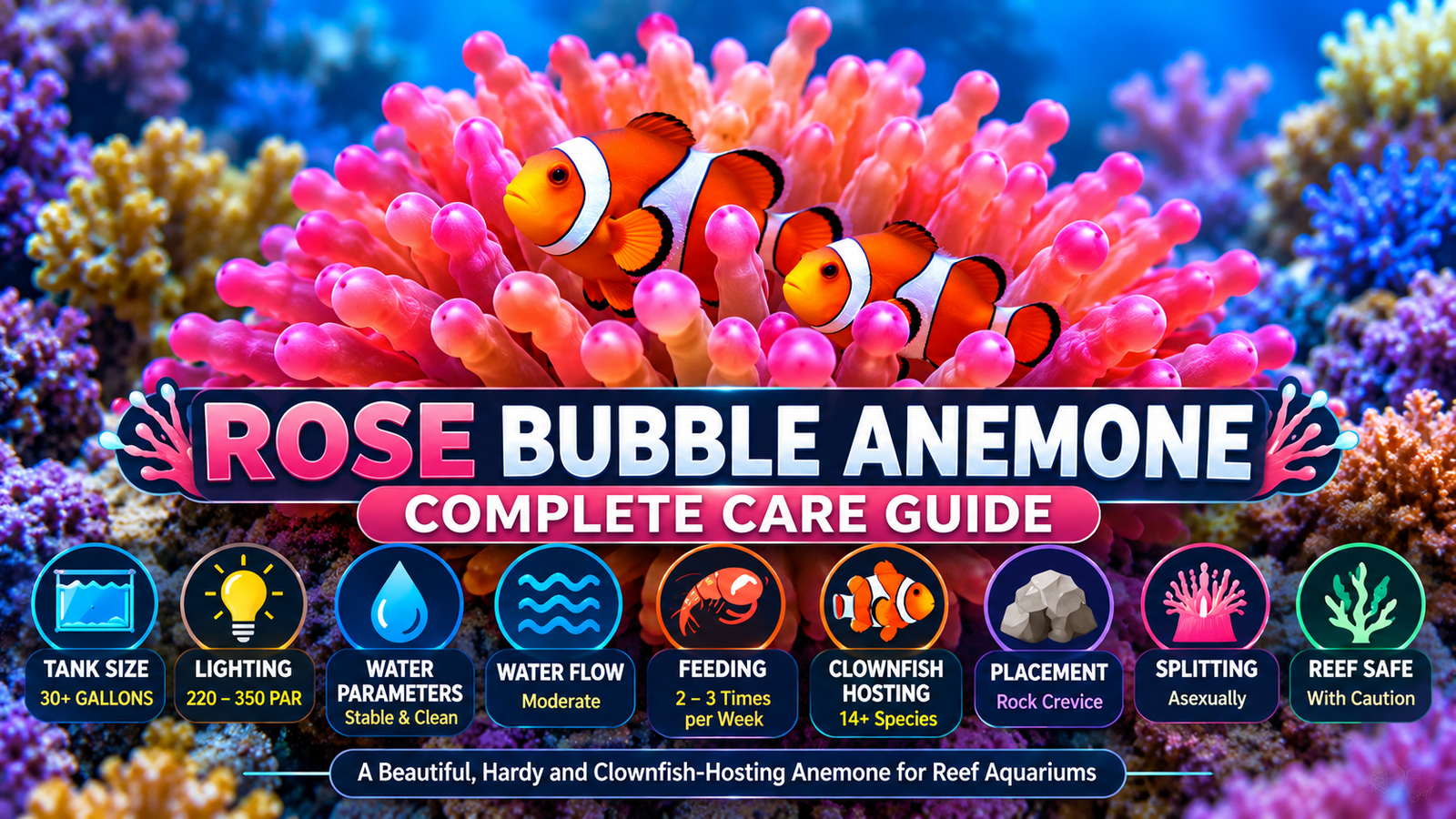 Rose Bubble Anemone featured image showing a pink bubble-tip anemone with clownfish and care icons for tank size, lighting, water parameters, feeding, hosting, placement and reef safety