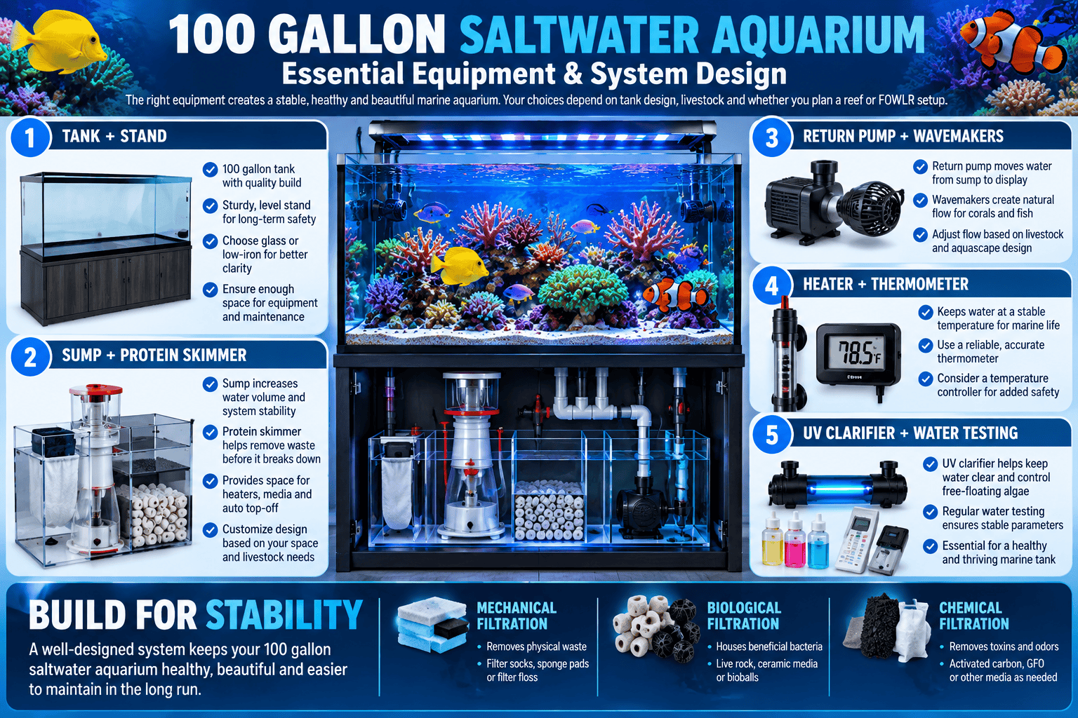 100 gallon saltwater aquarium infographic showing tank, sump, protein skimmer, return pump, wavemakers, heater, UV clarifier and water testing equipment