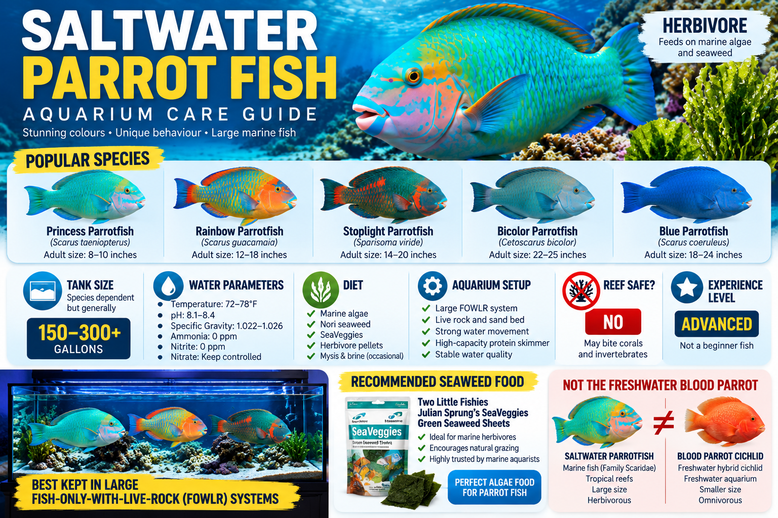 Saltwater parrot fish aquarium care infographic showing popular marine parrotfish species, tank size, water parameters, algae diet, FOWLR setup, reef safety and experience level