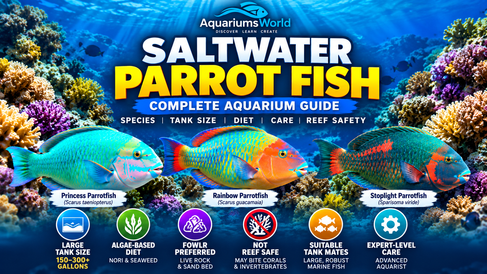 Saltwater parrot fish featured image showing Princess, Rainbow and Stoplight Parrotfish with aquarium tank size, algae-based diet, FOWLR setup, reef safety and expert care information