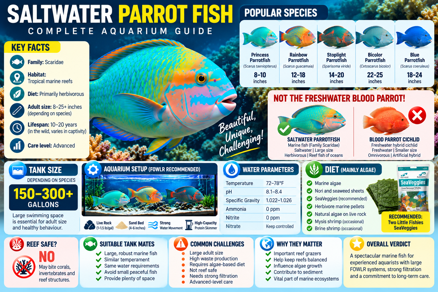 Saltwater parrot fish infographic showing popular marine parrotfish species, adult sizes, tank requirements, FOWLR aquarium setup, water parameters, algae-based diet, reef safety and care challenges