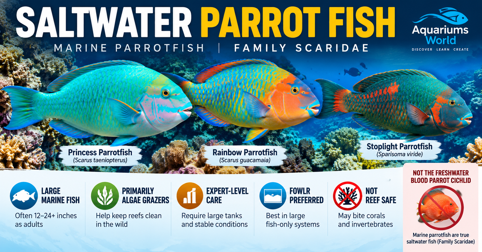 Saltwater parrot fish infographic showing Princess, Rainbow and Stoplight parrotfish with their marine habitat, algae-based diet, large tank requirements, FOWLR preference and reef-safety information