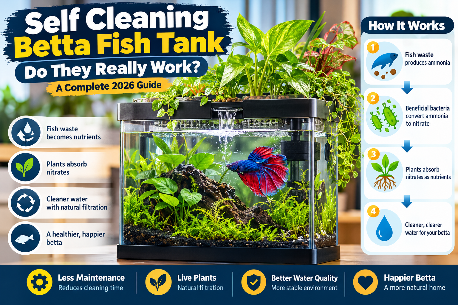 Self cleaning betta fish tank infographic showing how beneficial bacteria convert ammonia into nitrates and aquatic plants absorb nutrients to support better water quality.