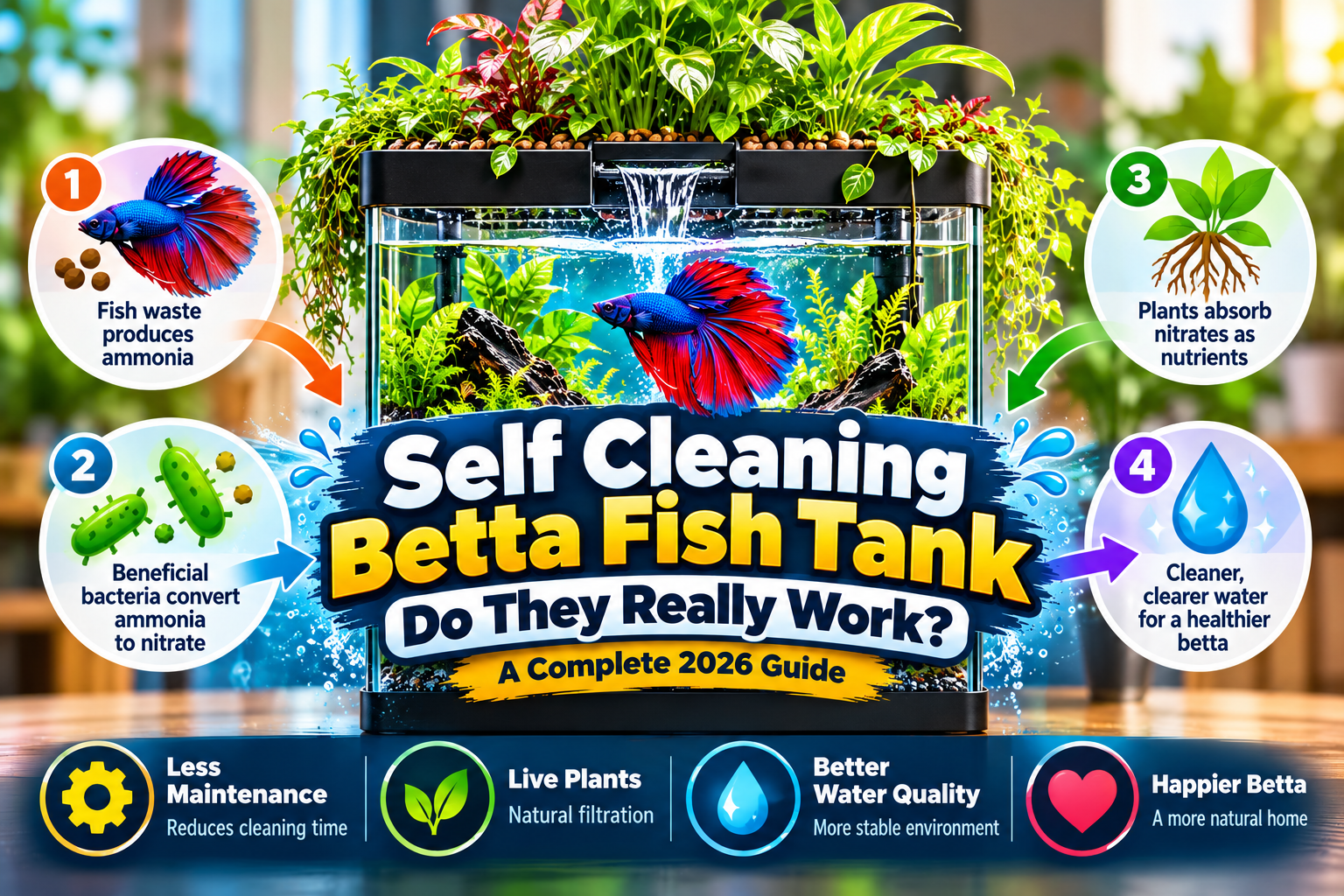 Self cleaning betta fish tank featured image showing a blue and red betta fish in a planted aquarium, with infographic callouts explaining beneficial bacteria, plant nitrate absorption, and improved water quality.