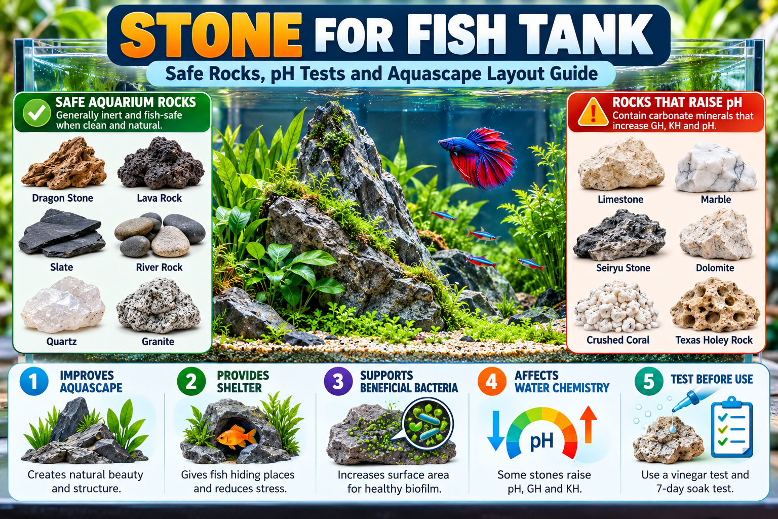 Stone for fish tank infographic comparing aquarium-safe rocks, including dragon stone, lava rock, slate, river rock, quartz and granite, with limestone, marble, Seiryu stone and other rocks that can raise pH and water hardness.