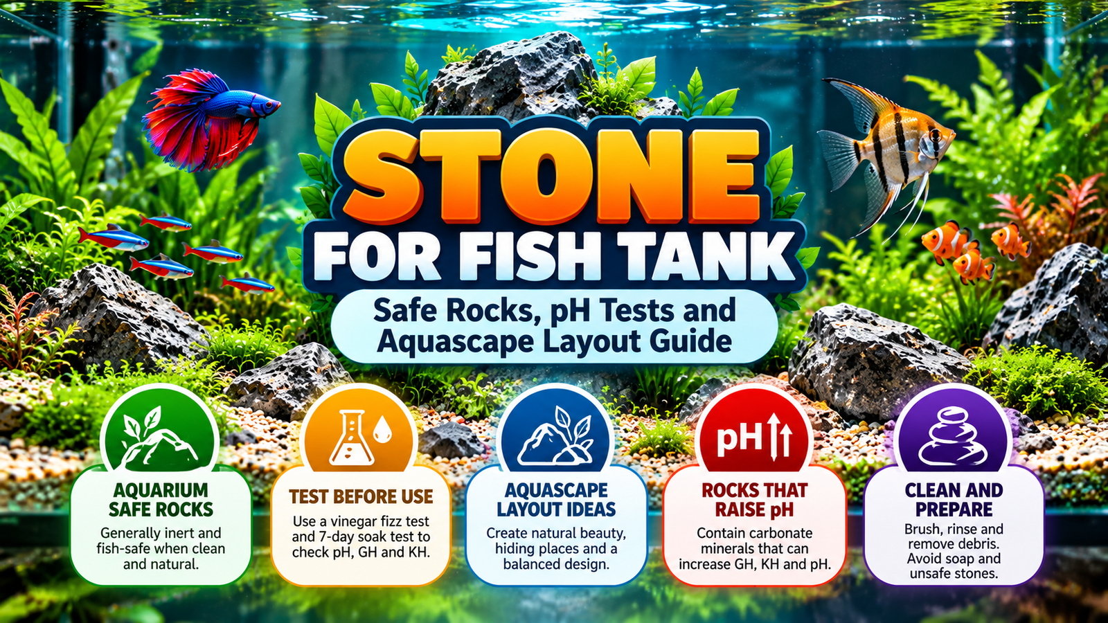 Stone for fish tank featured infographic showing a planted aquarium with natural rocks, colourful fish, aquarium-safe stone guidance, pH testing, aquascaping ideas, and rock cleaning tips.