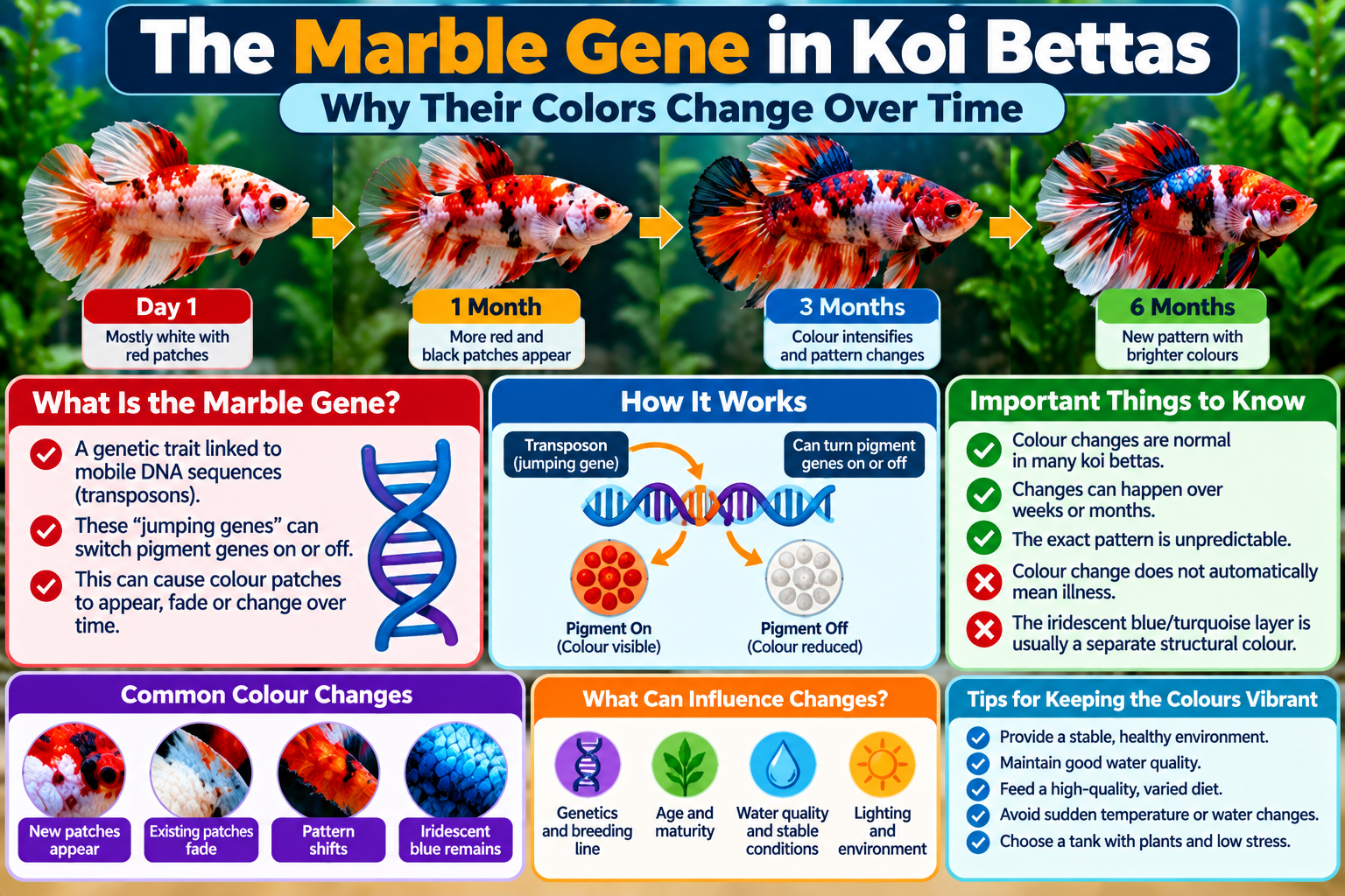 Koi betta marble gene infographic showing colour changes over time, DNA transposons, common pattern shifts, influencing factors and tips for maintaining healthy, vibrant colours.