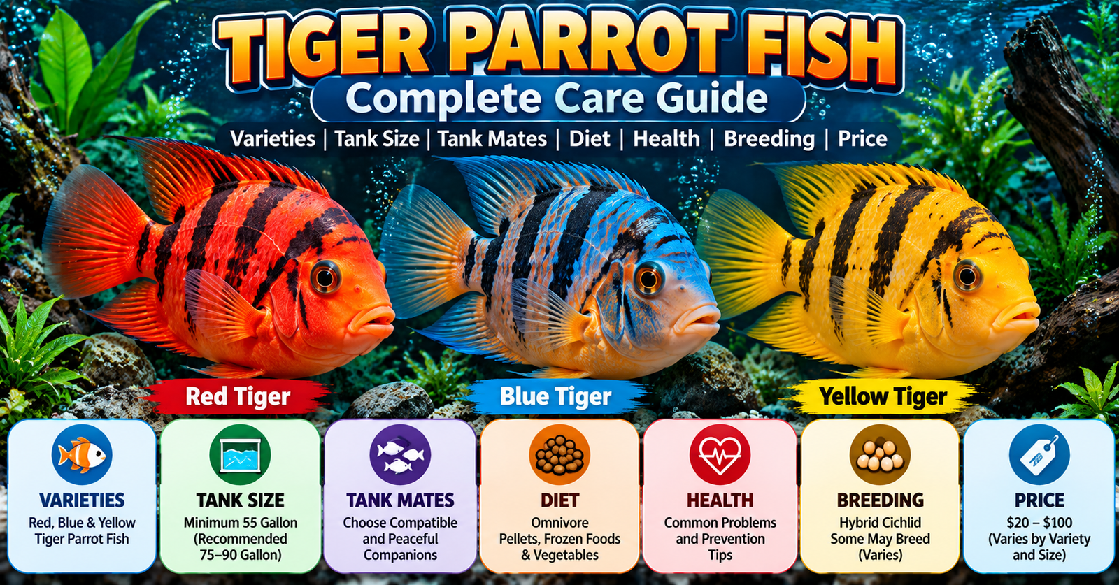 Tiger parrot fish infographic featuring red, blue, and yellow striped fish with care tips for tank size, tank mates, diet, health, breeding, and price.
