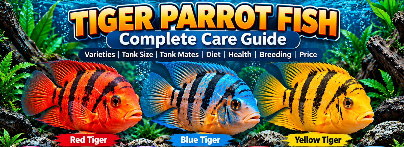 Tiger parrot fish infographic featuring red, blue, and yellow striped fish, with centered title and care panels covering varieties, tank size, tank mates, diet, health, breeding, and price.
