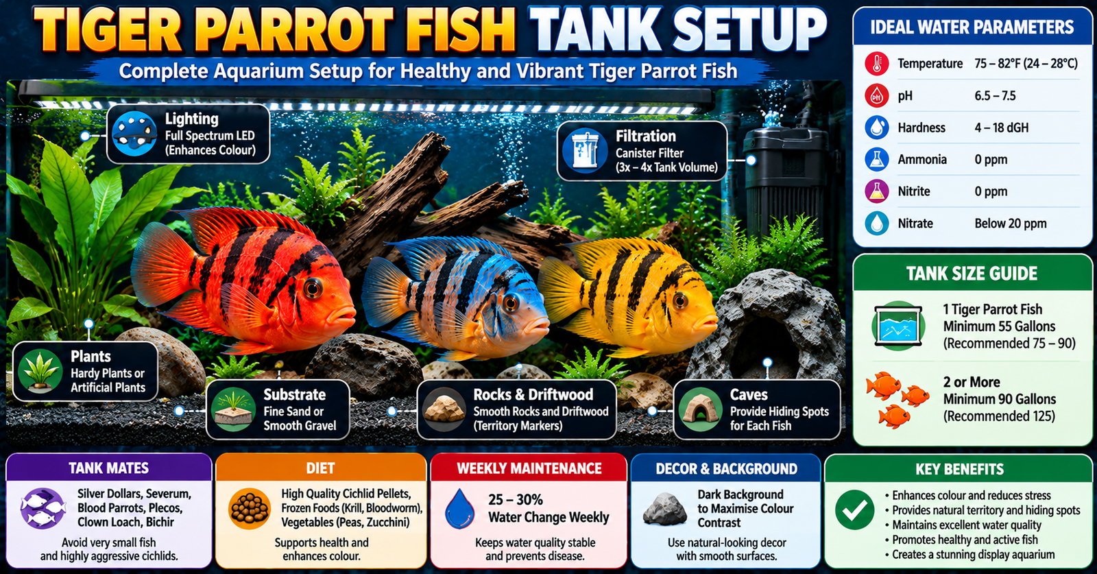 Tiger parrot fish aquarium setup infographic showing red, blue, and yellow fish with labeled guidance for lighting, filtration, plants, substrate, rocks, driftwood, caves, tank size, water parameters, diet, tank mates, and maintenance.