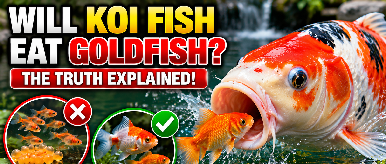 Will koi fish eat goldfish featured infographic showing a koi and goldfish together, with visual comparisons of predation risks for eggs, fry and small juveniles, plus pond setup, filtration, plants, hiding places and feeding.