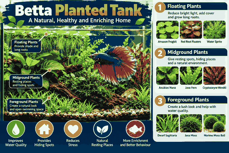 Betta fish swimming in a planted aquarium featuring Anubias nana, Java fern, Cryptocoryne wendtii, Amazon frogbit, Java moss and other live aquatic plants.