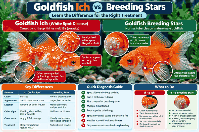 Infographic comparing goldfish ich white spots with normal breeding stars, showing their appearance, locations, symptoms, key differences and recommended actions.